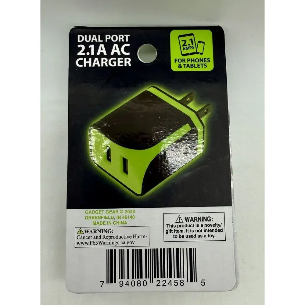 Gadget‎ Gear Dual Port 2.1A AC Charger For Phones And Tablets White Green NEW